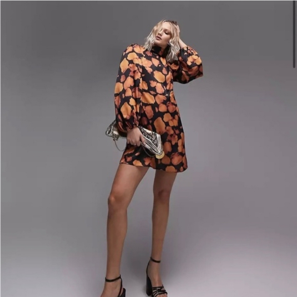 NWT Topshop Black & Orange Floral Long-Sleeve Mini Dress Size 14